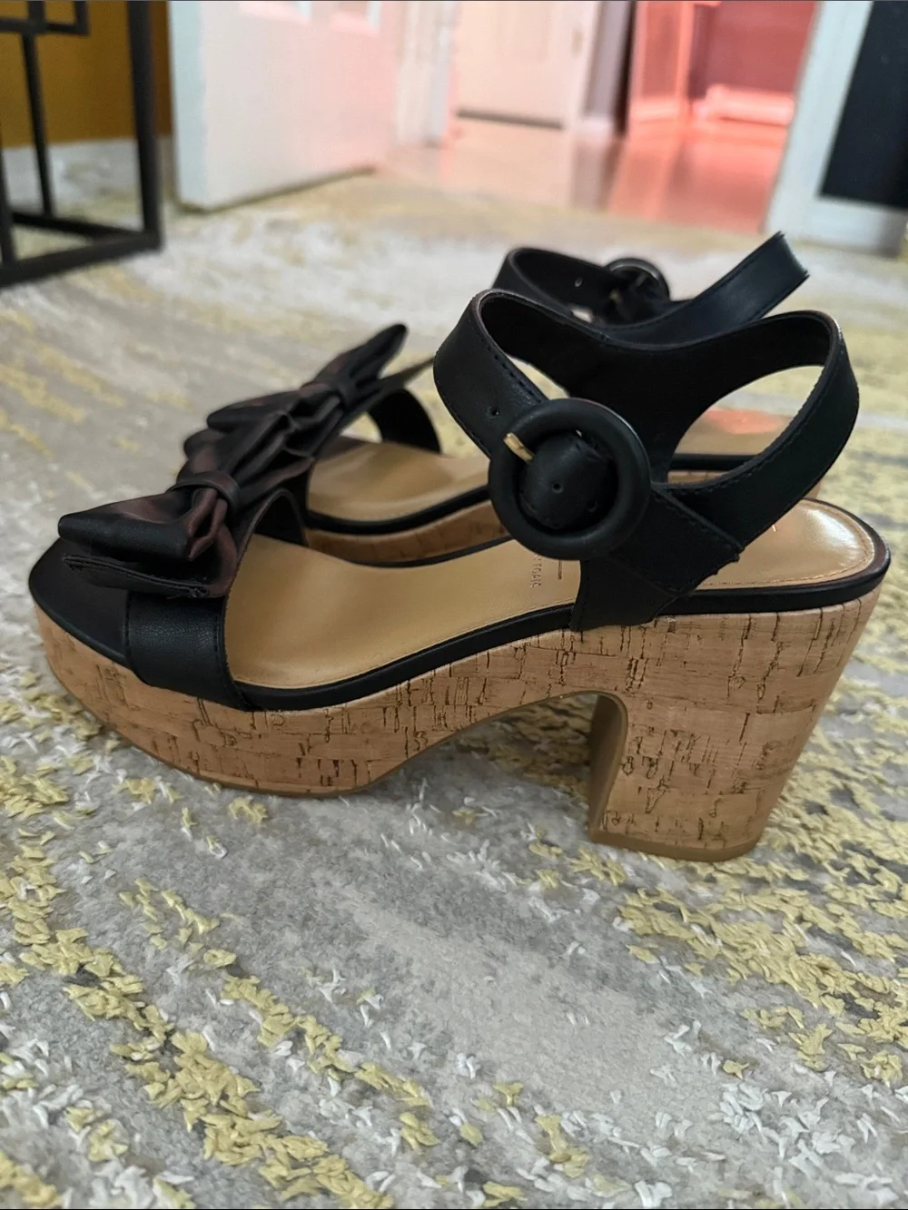 LC Lauren Conrad Black Leather Bow Cork Platform Sandals